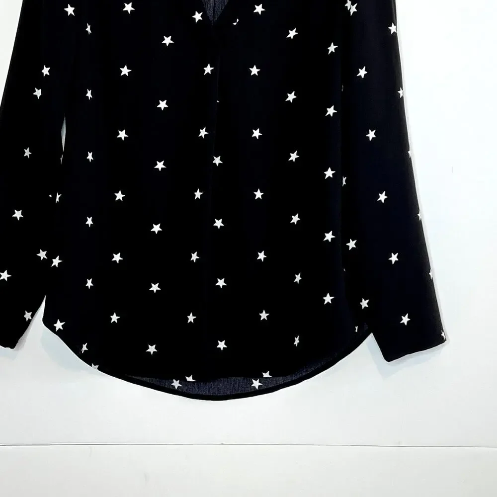J. Crew Long Sleeve V Neck Star Popover Blouse Black White Womens XS
